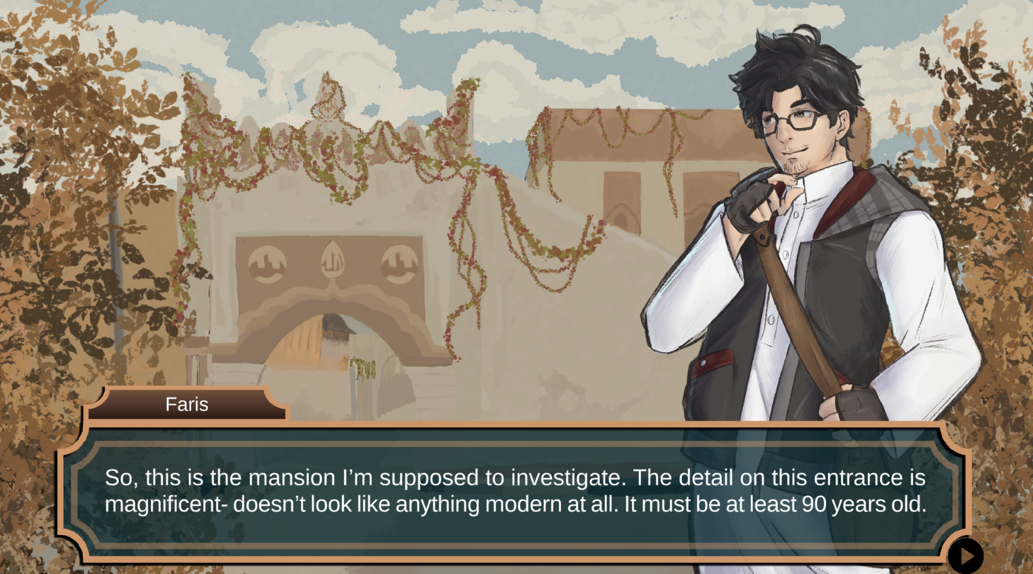 Office of Secrets gameplay showing Faris investigating a traditional Saudi mansion entrance